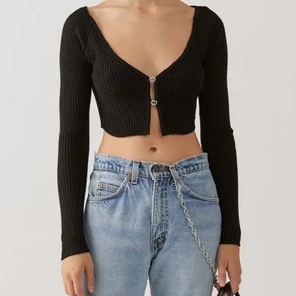 Urban Outfitters Womens M Cropped Cardigan Ribbed Black Long Sleeve Hook Eye 90s